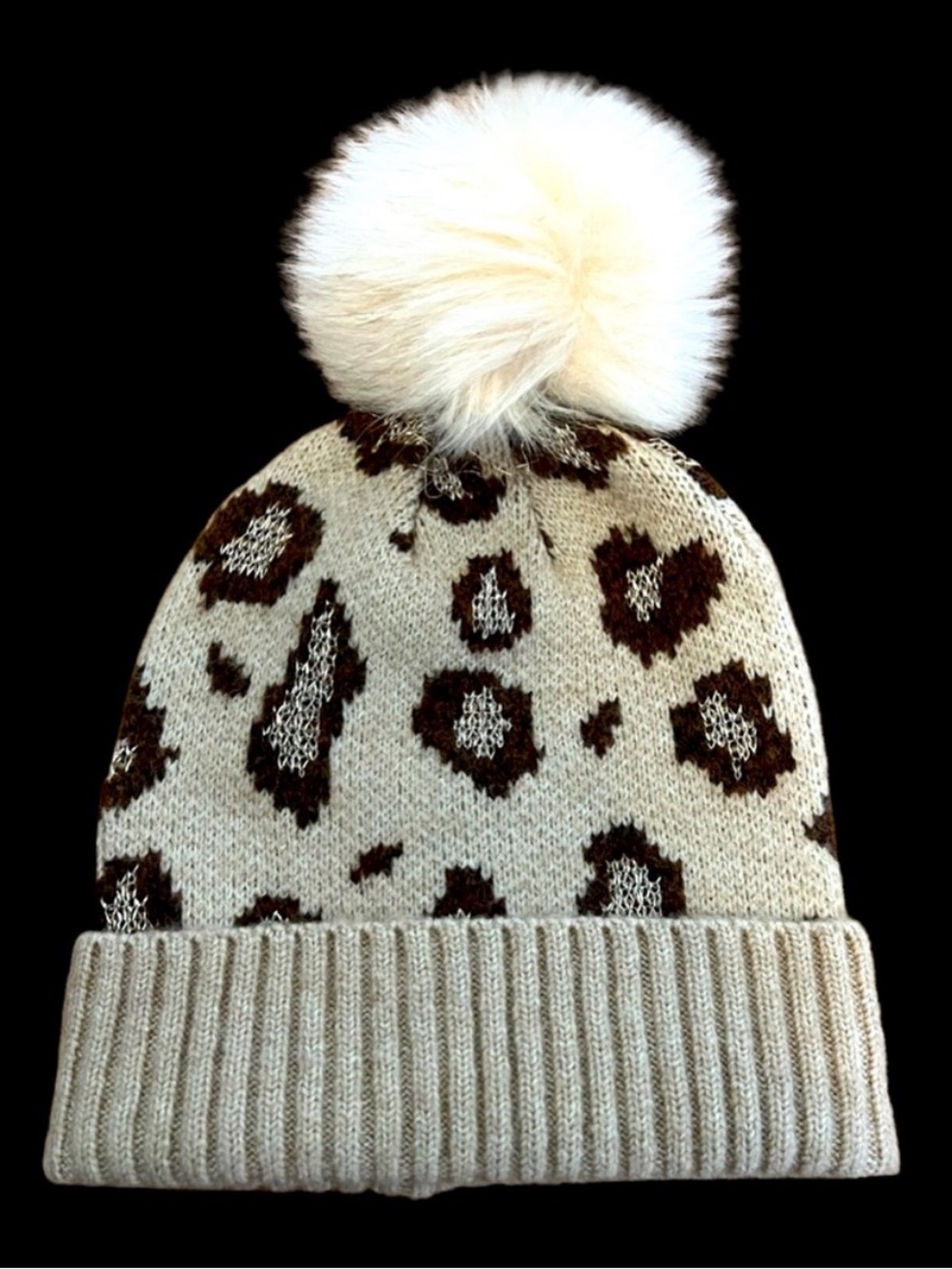 INC International Concepts Beige Leopard Knit Pom Beanie